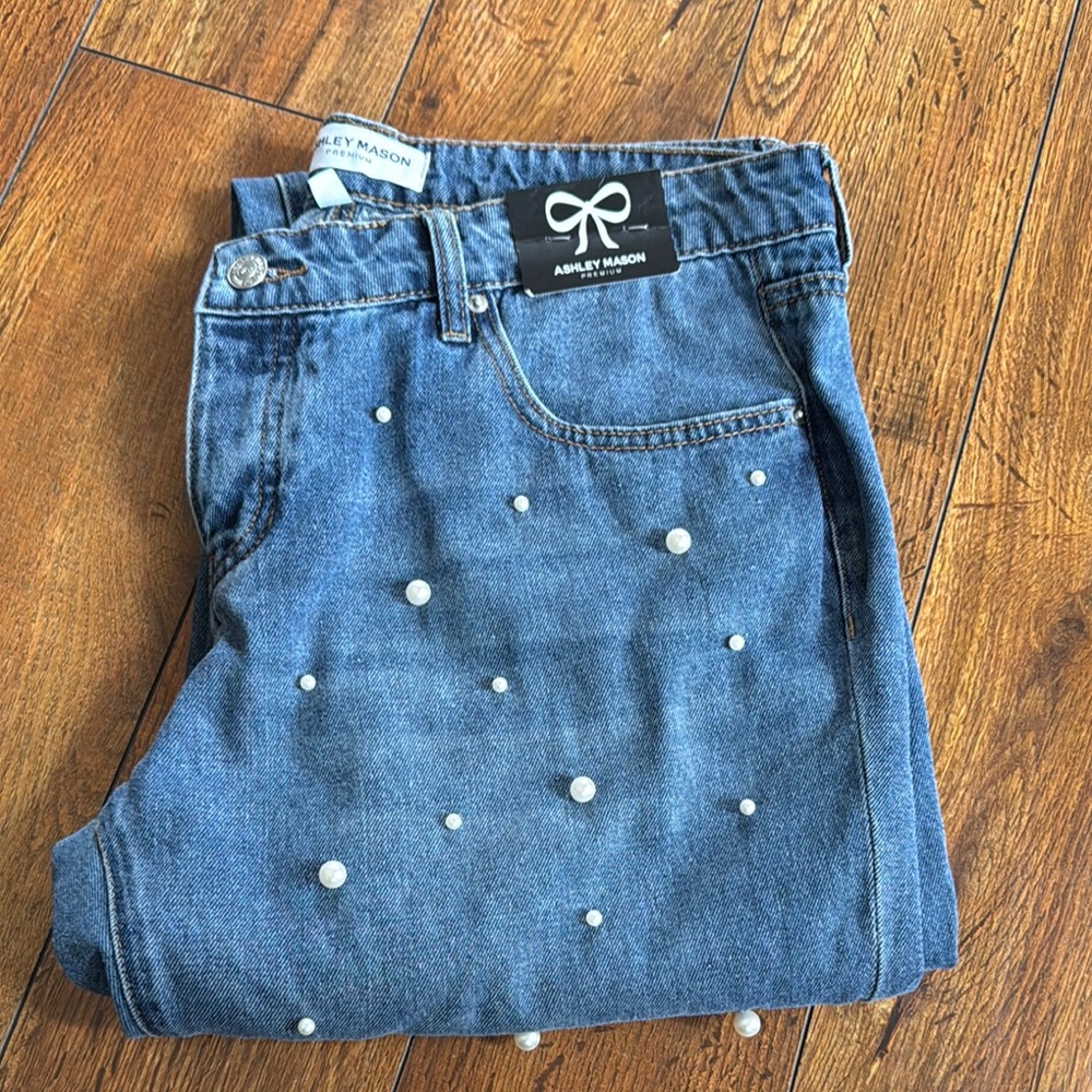 Ashley Mason Blue Pearl-Embellished Women's Jeans